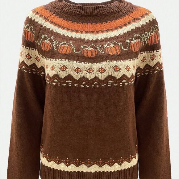 Multicolor Casual Women's Pumpkin print Crew Neck Knit Pullover sweater Top - Picture 2 of 5